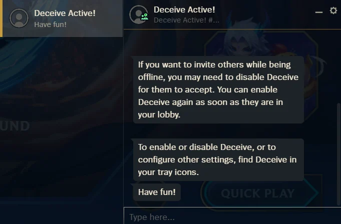 League of Legends client with Deceive active